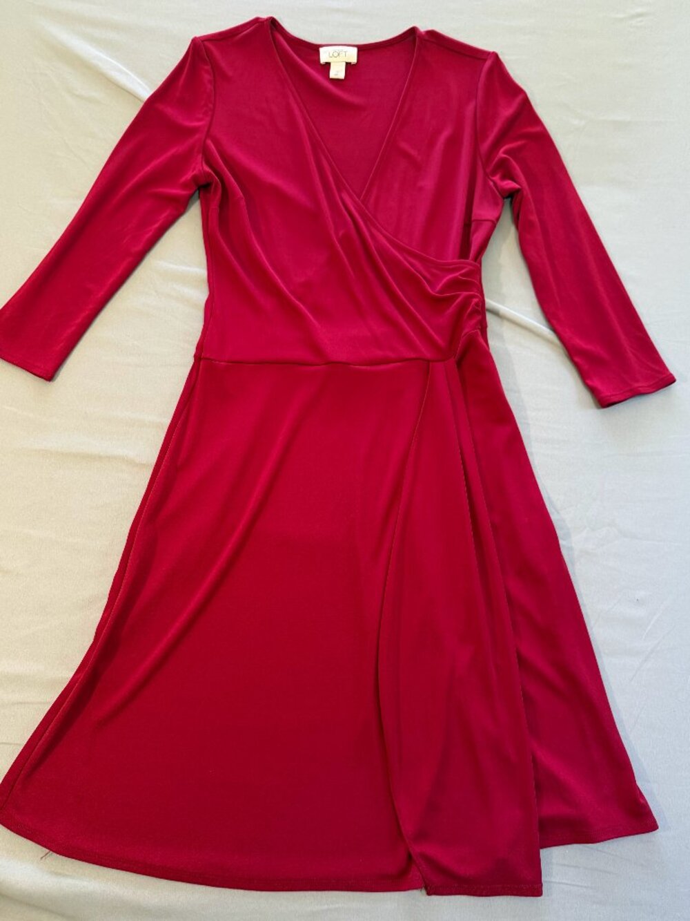Ann Taylor Loft Women's Red Faux Wrap Side Zip Dress 3/4 Sleeves Size 10
